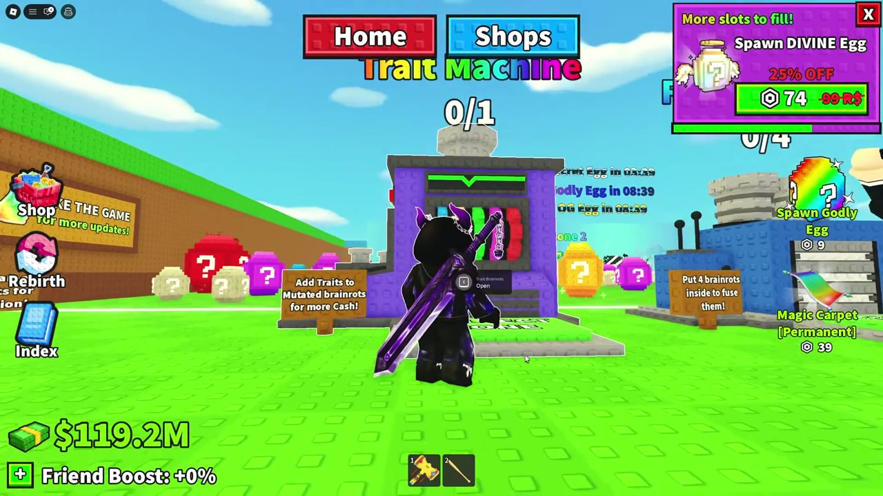 Gameplay showing the Trait Machine and its purpose sign